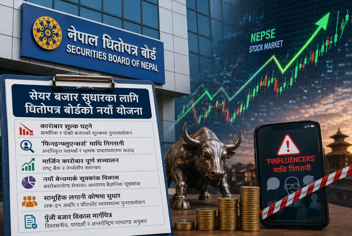 सेयर बजार सुधारका लागि धितोपत्र बोर्डको नयाँ योजनाः कारोबार शुल्क घट्ने र ‘फिनइन्फ्लुएन्सर्स’ माथि निगरानी हुने