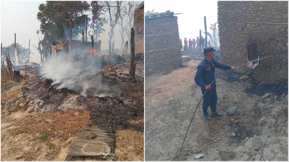 वनमा लागेको आगो गाउँमा पस्दा धादिङमा दुई घर जलेर नष्ट