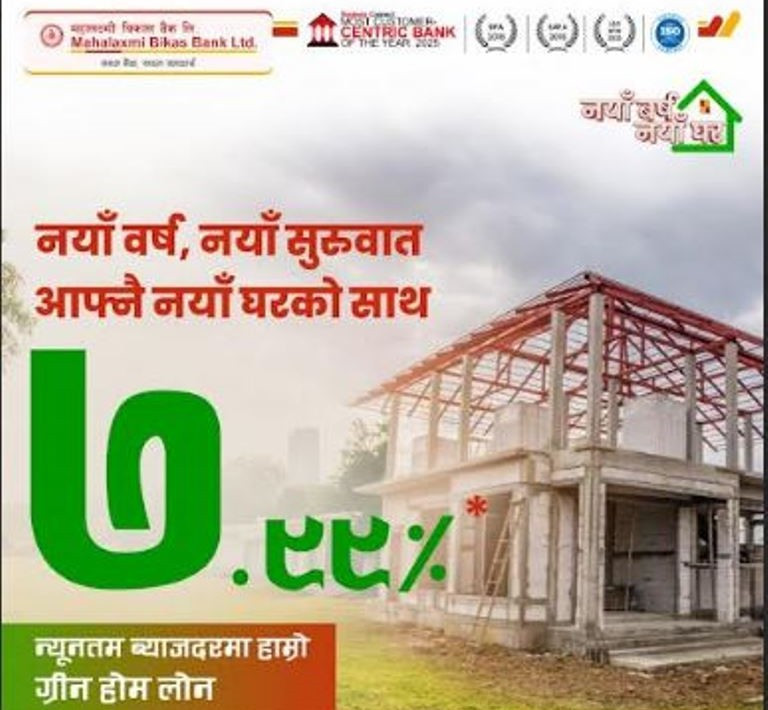 महालक्ष्मी विकास बैंकले नयाँ वर्ष २०८२ को अवसरमा : ७.९९ प्रतिशतमा घर कर्जा