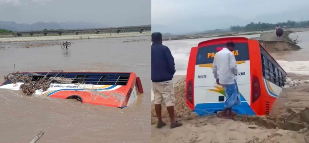 त्रियुगा नदीको बाढीले बगायो बस,  प्रिमनसुनको बाढीले पनि  गम्भीर असर