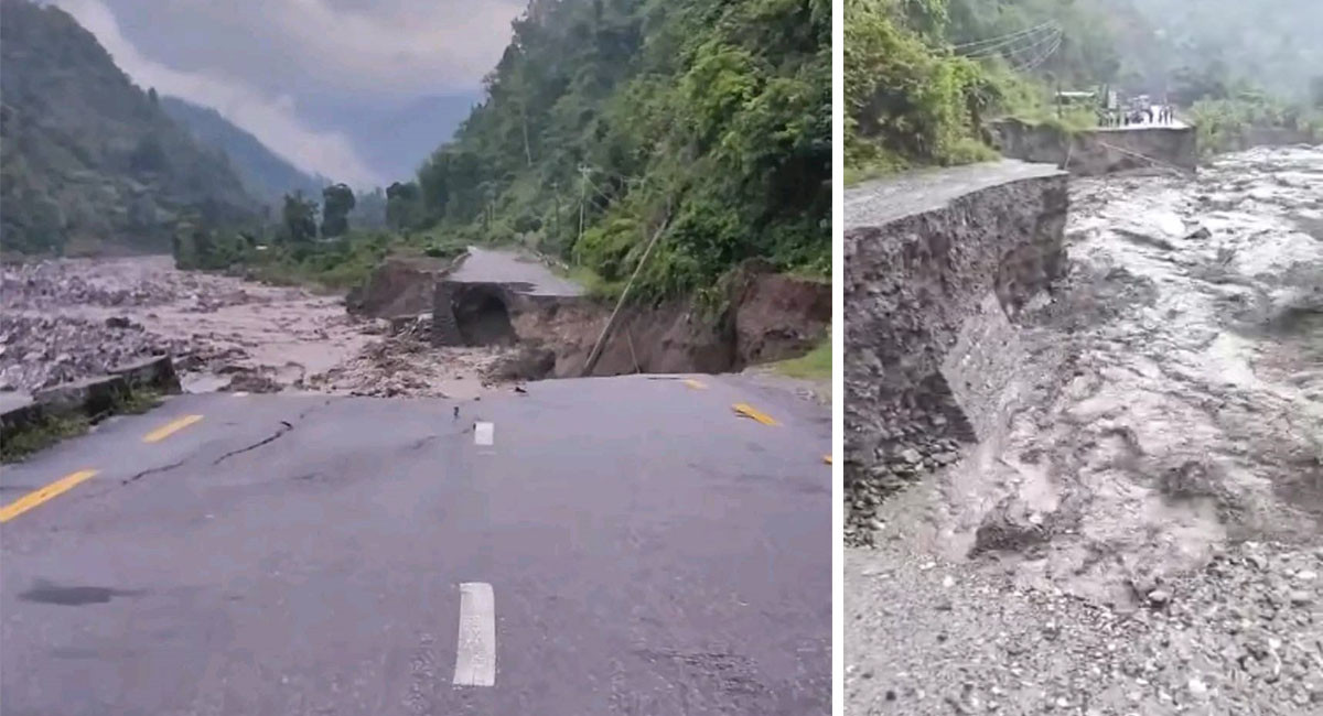 लेउती खोलाले सडक नै बगायो,  धरान–धनकुटा राजमार्ग अवरुद्ध