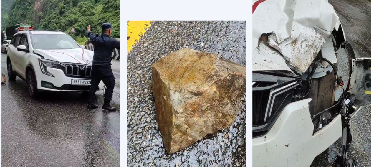 मुग्लिन-नारायणगढ सडकमा गुडिरहेको कारमाथि खस्यो ढुंगा, ३ जना घाइते