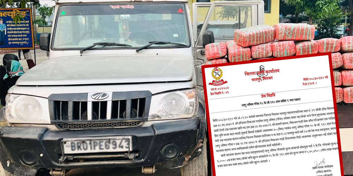 चितवनमा ९५ केजीभन्दा बढी गाँजासहित एक जना पक्राउ