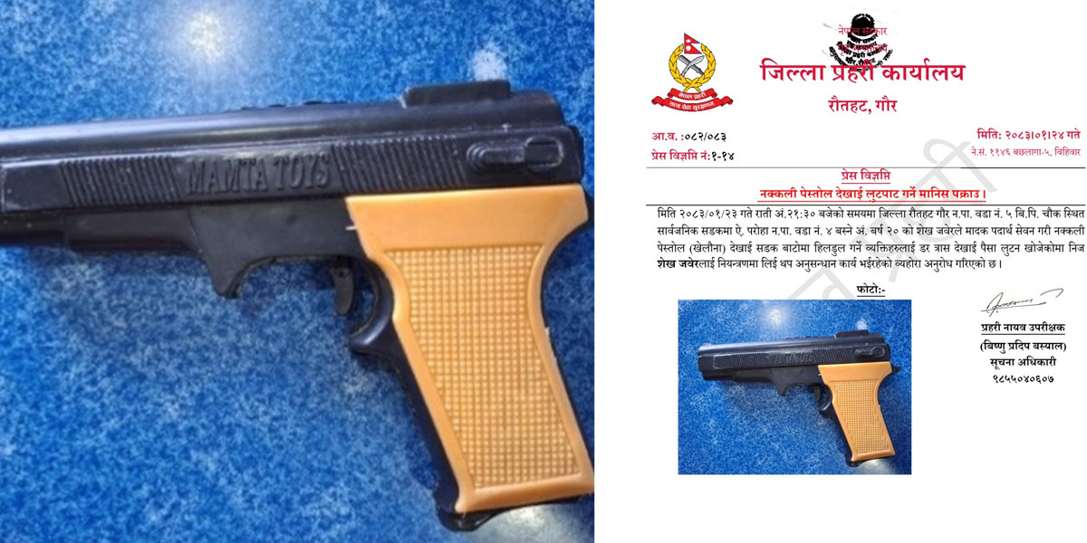 गौरमा खेलौना पेस्तोल देखाएर लुटपाट प्रयास, २० वर्षीय युवक पक्राउ